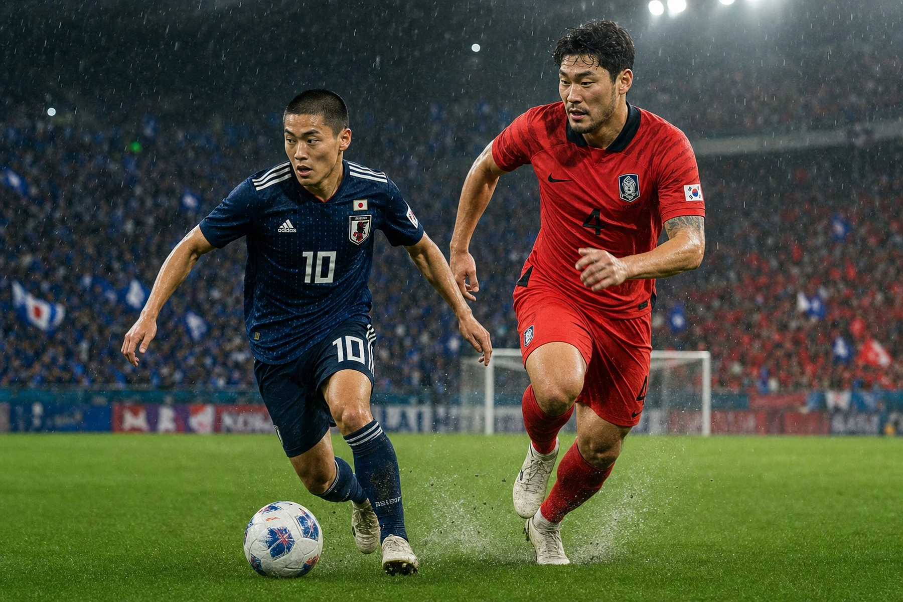 2026世界盃亞洲黑馬日本藍武士10號球員與韓國太極虎雨中競速衝刺