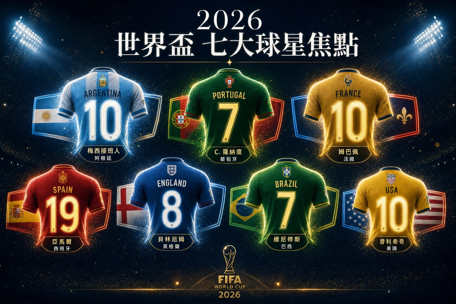 2026世界盃七大球星焦點資訊圖表梅西C羅姆巴佩亞馬爾貝林漢姆小維尼普利西奇完整解析