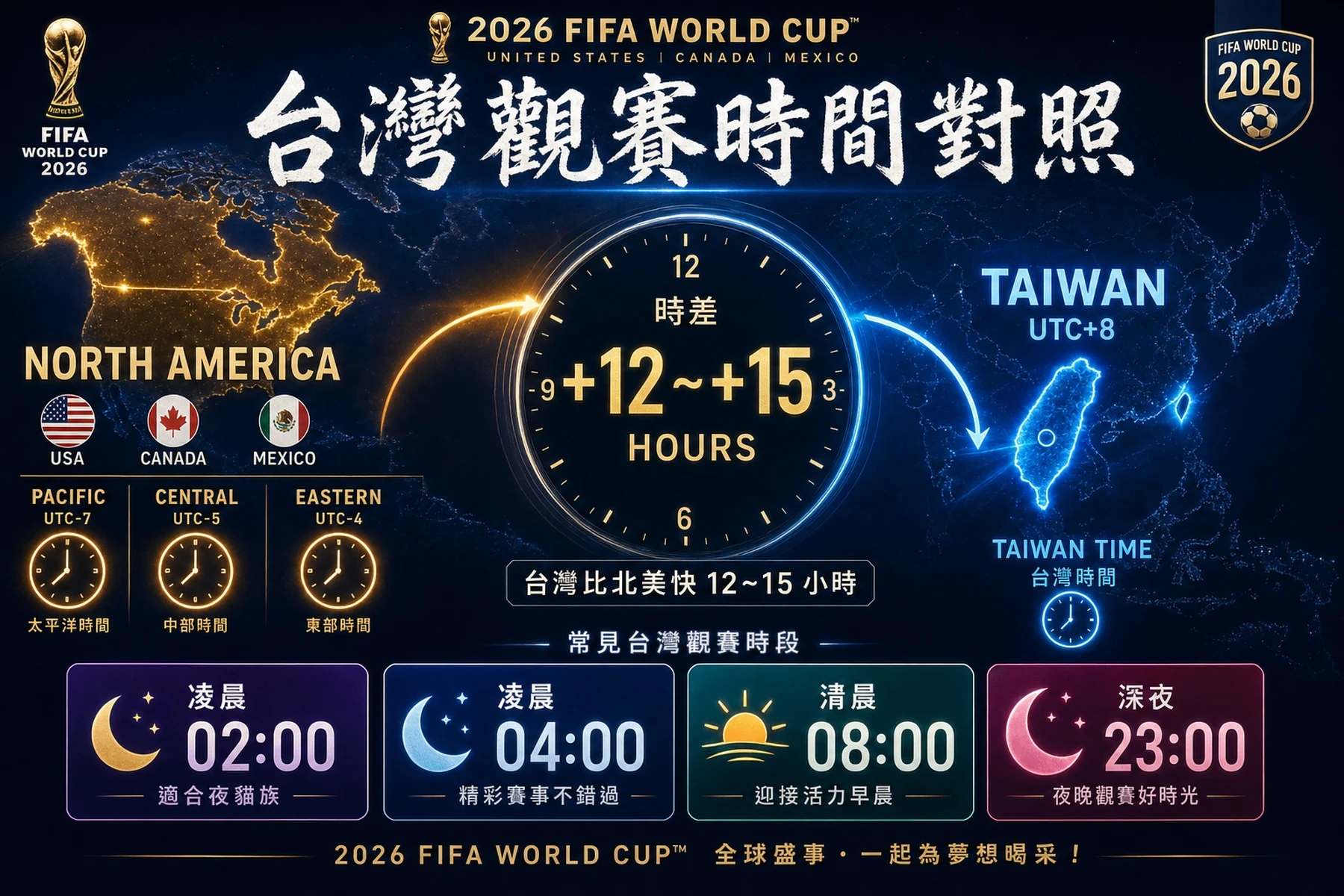 2026世界盃台灣觀賽時間對照北美時差12至15小時凌晨02:00凌晨04:00清晨08:00深夜23:00觀賽時段說明